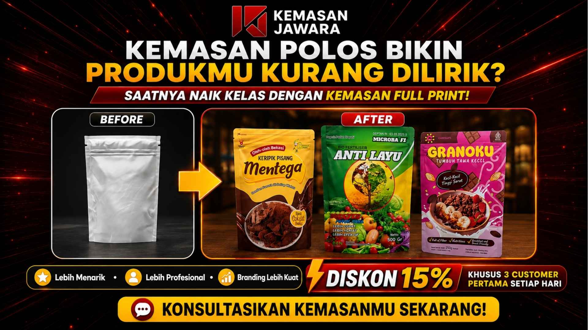 Before dan after kemasan polos menjadi standing pouch full print